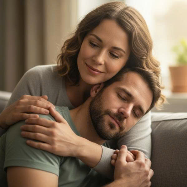 Hình ảnh cặp vợ chồng ôm nhau thể hiện sự đồng cảm và gắn kết khi người chồng đối mặt với vấn đề xuất tinh sớm.